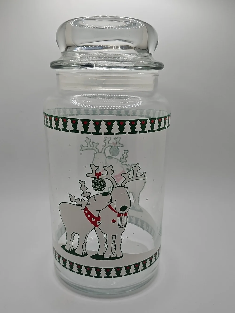 Vtg 90s Christmas Holiday Treat Jar Kissing Reindeers Cathy Hentz Design